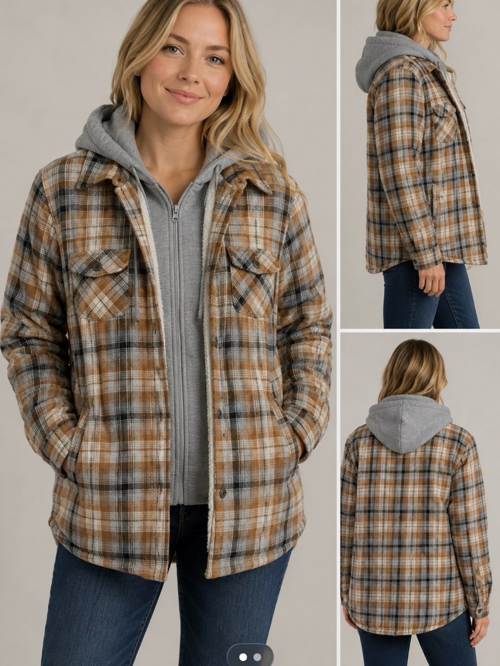 Natural Reflections Taupe Plaid Sherpa-Lined Utility Jacket